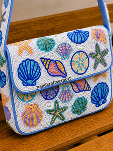 Sac à bandoulière de luxe fait main en perles, thème fruits de mer méditerranéens, tendance, léger, brodé, écologique, très résistant et sûr - Product Image 6