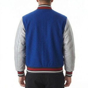 Men's Royal Blue Varsity <b>Jacket</b> With Silver Gray Contrast Sleeves Ribbed Stripe Collar Snap Button Front Casual Letterman - Product Image 2