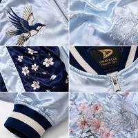 Blouson Bomber Réversible en Satin Dravelle Industry Hiver, Broderie Faucon Bleu sur le Devant, Souvenir Japonais Nagaran