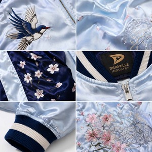 Blouson bomber réversible en satin Dravelle Industry, bleu, broderie hirondelle, souvenir japonais, veste nagaran - Product Image 5