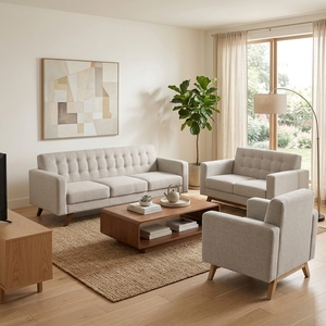 Moderno Conjunto de Sofá para Sala de Estar con Base de Madera de Teca Sólida, Sofá de 3 Plazas, Sillón, Tapizado en Tela Acolchada - Product Image 3