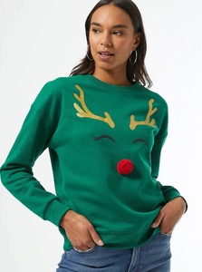 Suéter navideño de punto con cuello redondo y diseño de cara de reno verde para mujer, con apliques de astas y nariz roja. - Product Image 4