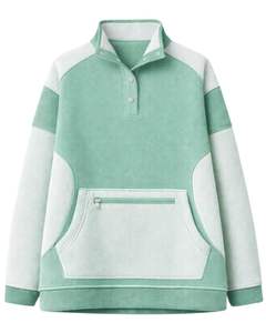 Sweat-shirt épais pour femme, vert menthe et blanc, à blocs de couleur, coupe oversize, en polaire, avec col à boutons-pression et poche kangourou - Product Image 1
