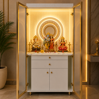 Mandir de prière en bois moderne fait main avec tiroirs de rangement, éclairage LED, finitions dorées, portes vitrées – Armoire de temple hindou pour Diwali