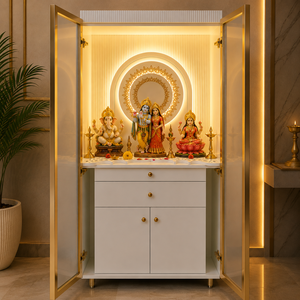 Wooden Pooja <b>Mandir</b> for Home with Storage Drawers LED Lighting Gold Trim Glass Doors Hindu Temple Cabinet Prayer Unit - Product Image 3