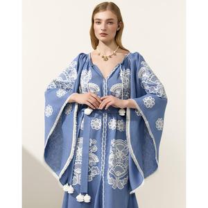 Women Blue Cotton <b>Maxi</b> Dress <b>White</b> Embroidery Full Sleeve V Neck Tie Waist Boho Dress - Product Image 3