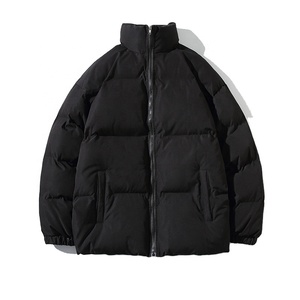 Black Puffer Jacket Solid Color Windproof Thick Polyester Casual Zipper Closure Stand Collar Regular Length Winter <b>Coat</b> - Product Image 1