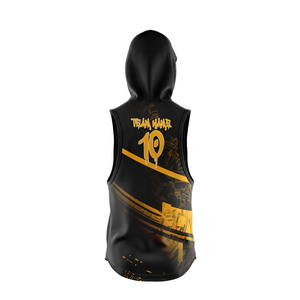 Conjunto de Camiseta de Baloncesto sin Mangas con Capucha Sublimada Personalizada, Absorbente de Humedad, Unisex, para Adultos, con Estampado Negro y Dorado - Product Image 3