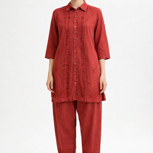 Women's Viscose Embroidered Collar Cord Set Two Pieces Casual Shirt Top and <b>Pants</b> Manufacturer - Product Image 1