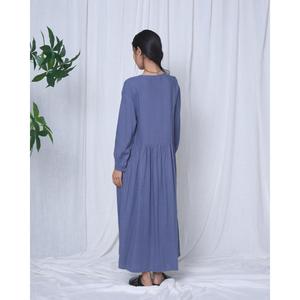 Women Blue Linen Maxi <b>Dress</b> O-Neck Long Sleeve <b>Loose</b> Fit Button Front Solid Color All Seasons Casual <b>Dress</b> - Product Image 4