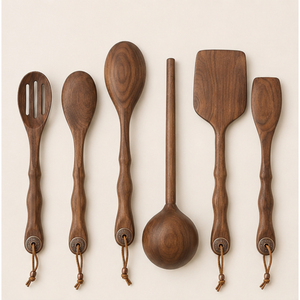 Ensemble d'ustensiles de cuisine écologiques en bois noir moderne, cuillères et spatules à long manche, fabriquées à la main, avec des poignées ondulées - Product Image 3