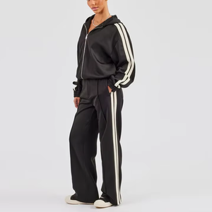 Ensemble de survêtement pour femme, pull et pantalon large, ensemble deux pièces pour femmes, survêtement en tricot à capuche avec fermeture éclair - Product Image 3