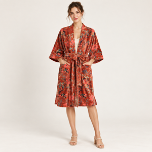 Women Floral <b>Print</b> Robe Knee Length Three Quarter Sleeve Soft Woven Polyester Casual Drawstring Closure - Product Image 6