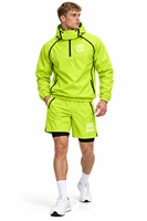 Ensemble de fitness personnalisé vert néon pour homme : Haut de sport à capuche semi-zippé et short 2-en-1 réfléchissant pour entraînement en salle de sport et perte de poids