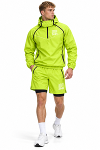 Custom Neon <b>Green</b> Hooded Sauna Suit Men Half Zip Sweat Training Top 2 in 1 Shorts Reflective <b>Gym</b> Workout Weight Cut Fitness <b>Set</b> - Product Image 3