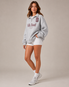 Sweat-shirt gris pour femme Silk Road, col zippé, mélange de coton tricoté, imprimé lettres, col rabattu, style automne - Product Image 4