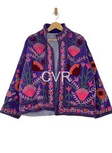 Manteau en velours pour femmes grandes tailles, col mandarin, manches longues, motif floral brodé à la main, style bohème, vêtements d'extérieur pour l'automne - Product Image 2