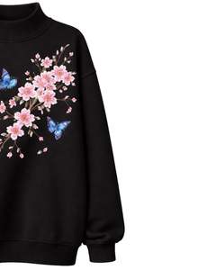 Sudadera de Forro Polar Negra Extra Grande Personalizada para Mujer, Cuello Alto, Estampado Floral de Mariposas, Sudadera Informal Cálida para Invierno, Ropa de Calle - Product Image 4