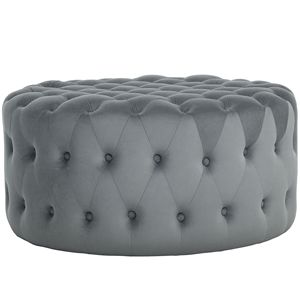 Sgabello Ottomano Rotondo Grigio Scuro con Rivestimento Effetto Velluto, Design Trapuntato a Bottoni e Seduta Imbottita per Casa o Ingresso - Product Image 1