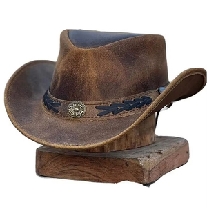 <b>Western</b> Cowboy <b>Hat</b> Men Genuine Leather Vintage Cap Hand Knitted <b>Western</b> Style Men Leather <b>Hat</b> - Product Image 3