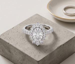 Bague de fiançailles ovale en diamant de laboratoire avec halo, bague à grappe de diamants, bague de mariée vintage, bijoux de mariage de luxe - Product Image 1