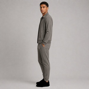 Ensemble de survêtement gris pour homme 2026 – Sweat-shirt zippé pleine longueur et pantalon décontracté de couleur unie avec poches latérales – 100 % coton – Collection automne - Product Image 3