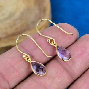 Natural Purple Amethyst Pear Shape Gemstone Teardrop Earring Handmade 18k Micron Gold Over 925 <b>Sterling</b> <b>Silver</b> Finish - Product Image 4