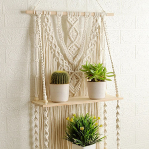 Handmade White Cotton Rope Macramé Wall Hanging 2-Tier <b>Shelf</b> Planter with <b>Pine</b> Wood Decorative Hanging <b>Shelf</b> for Home Décor - Product Image 4