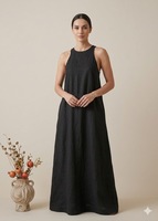 Robe longue noire sans manches coupe classique col en V ourlet à volants pour l'été, respirante en coton naturel, élégante, style bohème vintage, kaftan