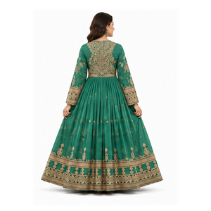 Manufactures <b>Green</b> <b>Silk</b> Embroidered Traditional Indian Pakistani Women's Loose Fit Floor Length Wedding Dress Afghan Kuchi Dress - Product Image 6