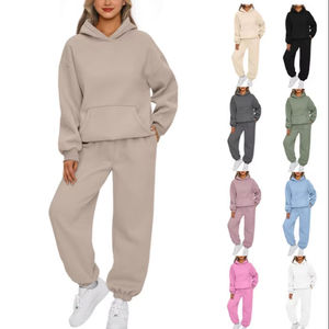 Ensemble de survêtement décontracté 2 pièces pour femme, taille élastique, 100 % coton, collection automne-hiver, ensemble sweat à capuche vierge, vente en gros - Product Image 1