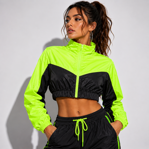 <b>women</b> cropped windbreaker jacket wholesale <b>neon</b> green color block track jacket lightweight zip up crop top athletic coat fit - Product Image 1