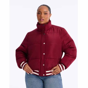 Women's Burgundy Quilted Varsity Jacket Full Sleeve Stand Collar <b>Winter</b> Outerwear <b>Thick</b> Polyester Wadding Puffer <b>Coat</b> Jacket - Product Image 1