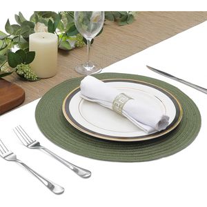 Set di 6 tovagliette rotonde da 15 pollici lavabili in cotone e poliestere intrecciato, colore verde oliva. - Product Image 1