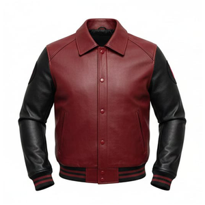 Blouson universitaire noir personnalisé en cuir pleine fleur, respirant, coupe-vent, avec doublure en toile écologique, style streetwear, vente en gros - Product Image 2