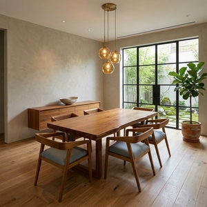 Ensemble de table à manger en teck massif avec 6 fauteuils rembourrés, table rectangulaire, style moderne du milieu du siècle, meubles de cuisine, suite de salle à manger en teck chaud - Product Image 3