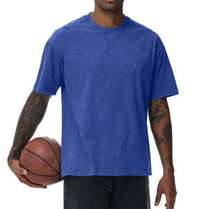Camiseta Oversize Azul Lavado Ácido para Hombre, Algodón Pesado Desgastado, con Logo Personalizado, Estilo Urbano, Relajada, para Uso Diario, Venta al por Mayor - Product Image 4