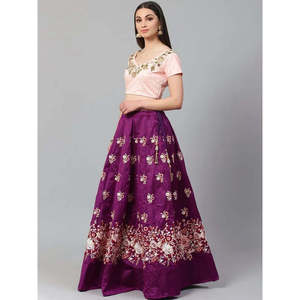 Women's Semi-Stitched Lehenga Set in Purple & <b>Peach</b> with Unstitched Choli - Product Image 3