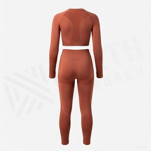 Ensemble de yoga sans couture pour femmes, haut court à manches longues, leggings taille haute avec trous pour les pouces - Product Image 2