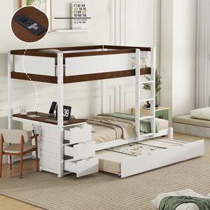 Letto a castello bianco e noce con letto estraibile a una piazza e mezza e scrivania per bambini - Product Image 3