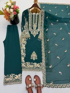 Kurti verde de georgette para mujer con dupatta, bordado elaborado, corte ajustado, vestido de fiesta para invierno, vestido abaya modesto para adultos. - Product Image 2