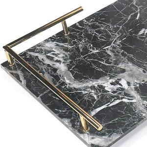 Wholesale Luxury Rectangular <b>Black</b> Marble Dining <b>Tray</b> Bulk Gold Handles Hotel Restaurant Serving Platter Elegant Tableware - Product Image 4