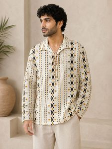 Chemise décontractée pour homme Moountain Boy en popeline de coton teint en fil à imprimé géométrique, manches longues, col rabattu, respirante, pour l'été, ODM - Product Image 1