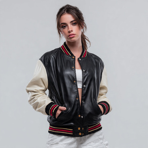 High Quality Leather Sleeve Varsity Jacket Women Streetwear Fashion Wear Leather Jacket Ladies Button Down Leather Jacket <b>Tops</b> - Product Image 2