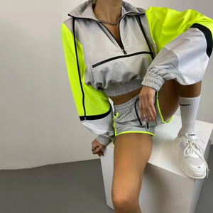 Wholesale Customized Windbreaker Tracksuits Women Windproof <b>Jacket</b> <b>Short</b> Set Color Blocks Half Zip Pullover Crop Top <b>Shorts</b> Set - Product Image 5