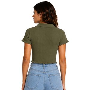 เสื้อโปโลครอปผู้หญิง แบรนด์ Olive ผ้าถักลายริบ แขนสั้น ทรงเข้ารูป คอวี ชายเสื้อแบบ Lettuce Hem ผ้าเนื้อยืด สไตล์ลำลอง แฟชั่นฤดูร้อน - Product Image 2