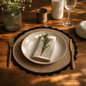 Handwoven Seagrass <b>Table</b> <b>Mat</b> with Cotton Lace | Fringe Heat Resistant <b>Round</b> Placemat for Dining <b>Table</b> Cups Pots and Bowls - Product Image 2