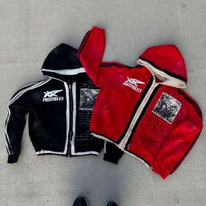 Sweat à capuche zippé triple couche personnalisé style streetwear, délavé à l'acide, vintage, coupe ample et carrée, effet usé, avec strass - Product Image 2