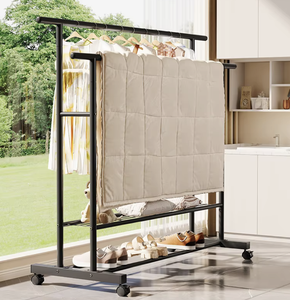 OEM/ODM Vietnam Double Rod Metal Coat Rack with Lockable Wheels <b>Shoe</b> Storage Shelf Garment Organizer Stand - Product Image 4