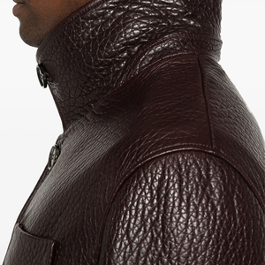 Triveers Brown Genuine Leather Jacket for Men <b>Stand</b> Collar Button Front One Chest Pocket Autumn Bomber Style Casual Short Length - Product Image 5